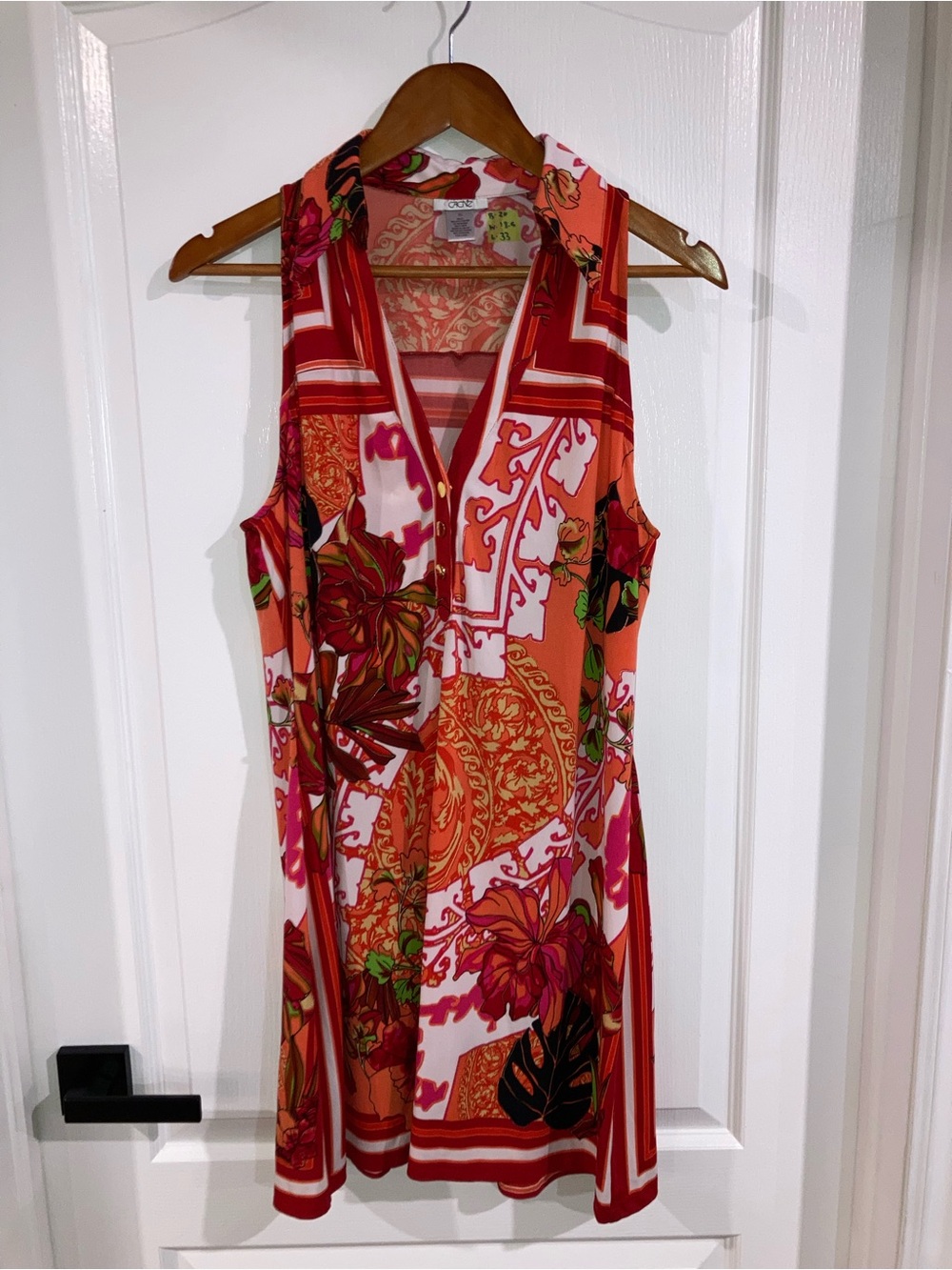 Cache Orange Red & Pink Floral Print V-Neck Sleeveless Dress - size XL